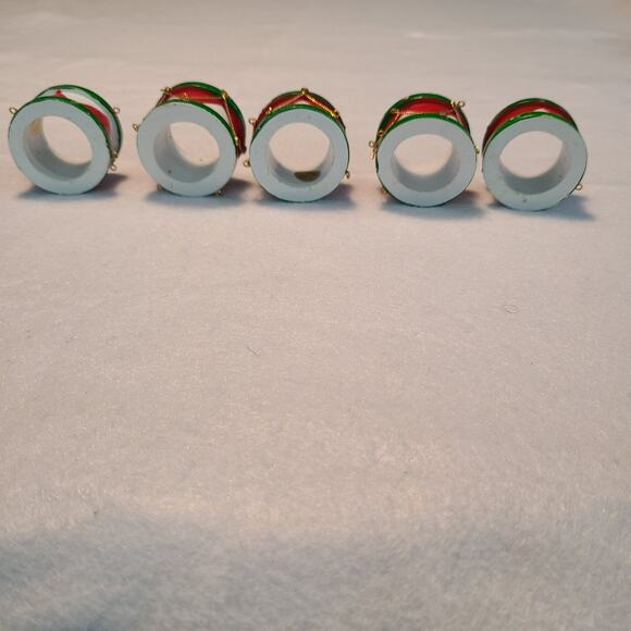 5 Vintage REED Christmas Holiday Tamborine Drum Napkin Rings Red Green White - Picture 2 of 6